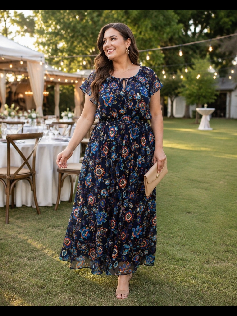 A New Day Navy Floral Maxi Dress Flutter Sleeve Tie Waist XL